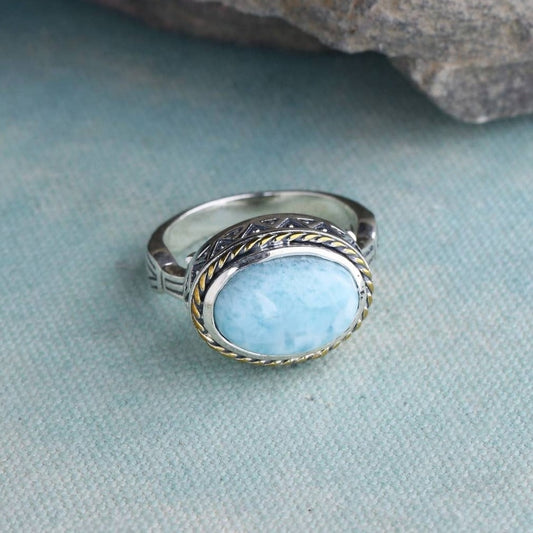 Larimar Gemstone Silver Brass Ring